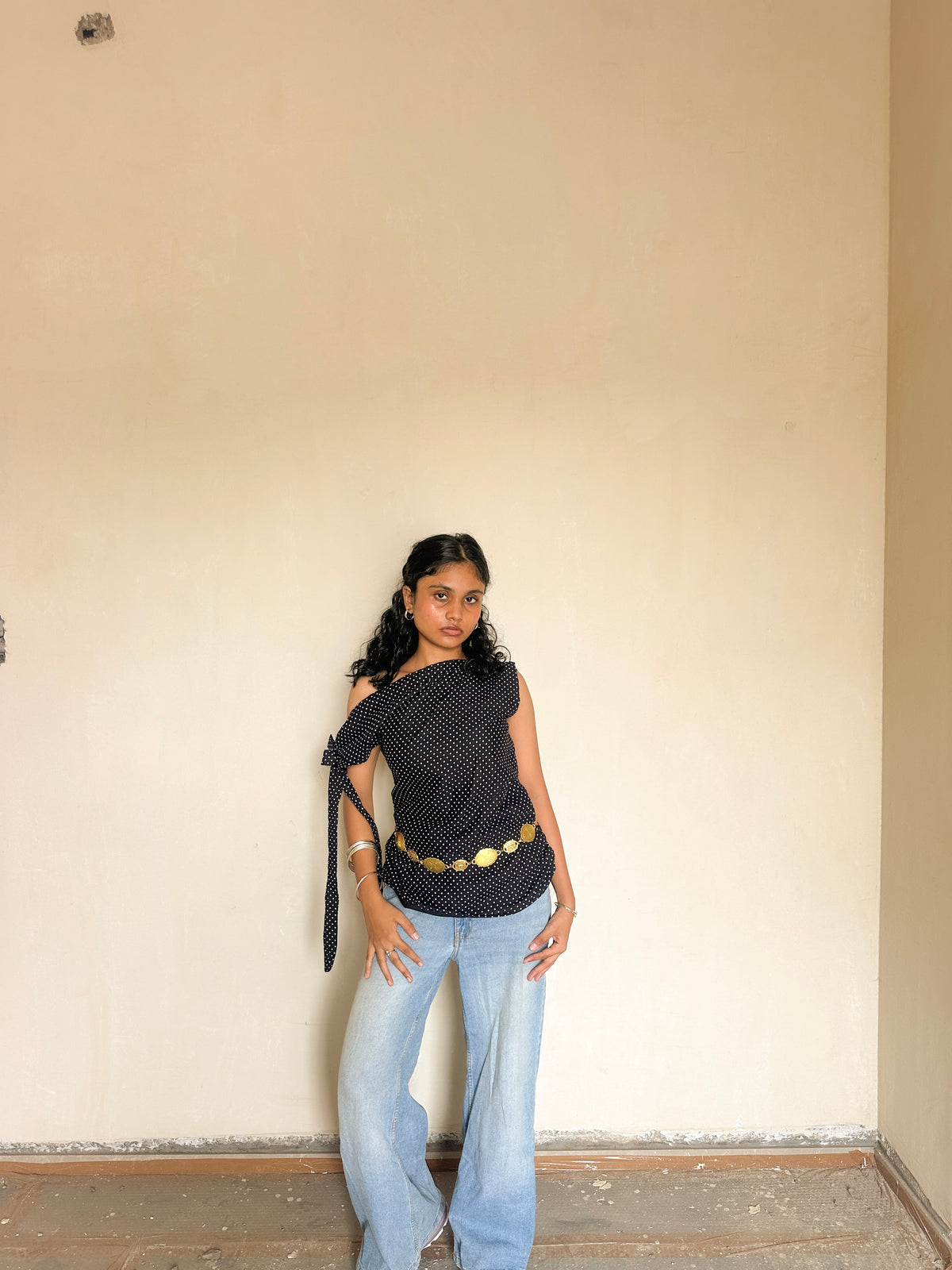 Polka Dot One-Shoulder Kurti