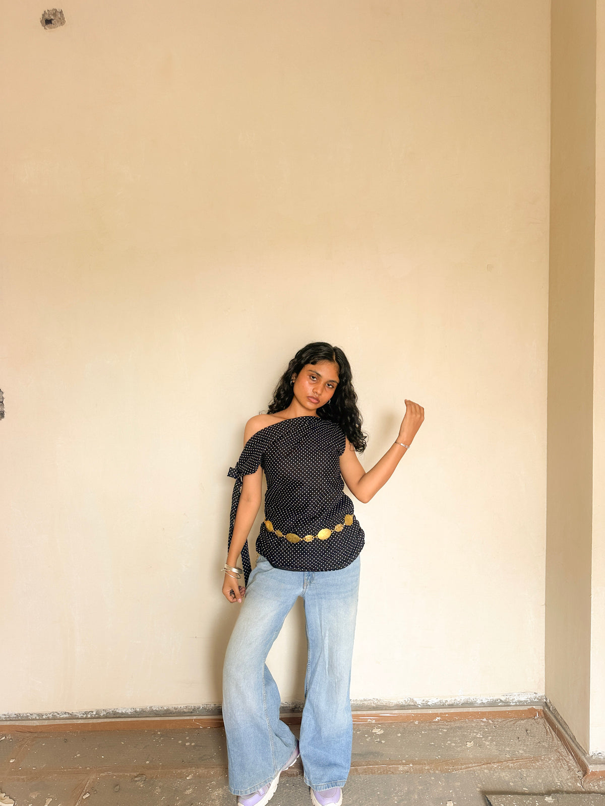 Polka Dot One-Shoulder Kurti